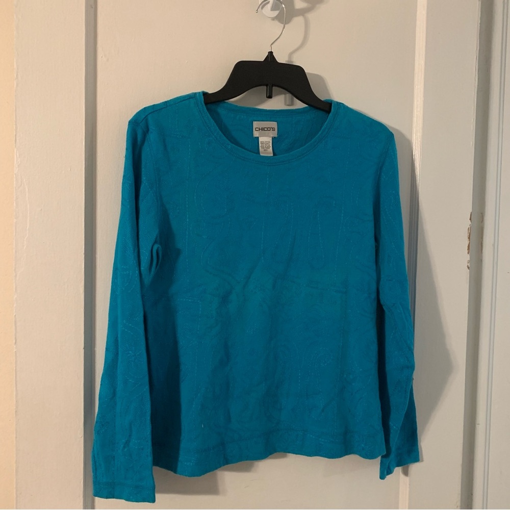 Chico's Embroidered Blue Long Sleeve Top